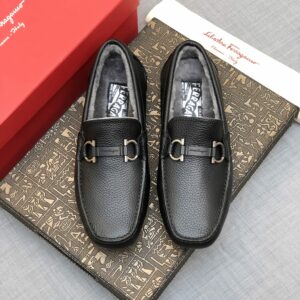 Ferragamo Gancini Winter Loafers – Black Dual Texture – 1:1 Replica Quality – FER-SH64