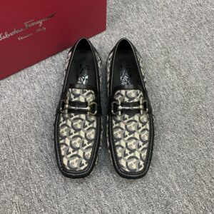 Ferragamo Men’s Canvas Loafers with Black Leather Trim and Gancini Pattern – 1:1 Replica Quality – FER-SH47